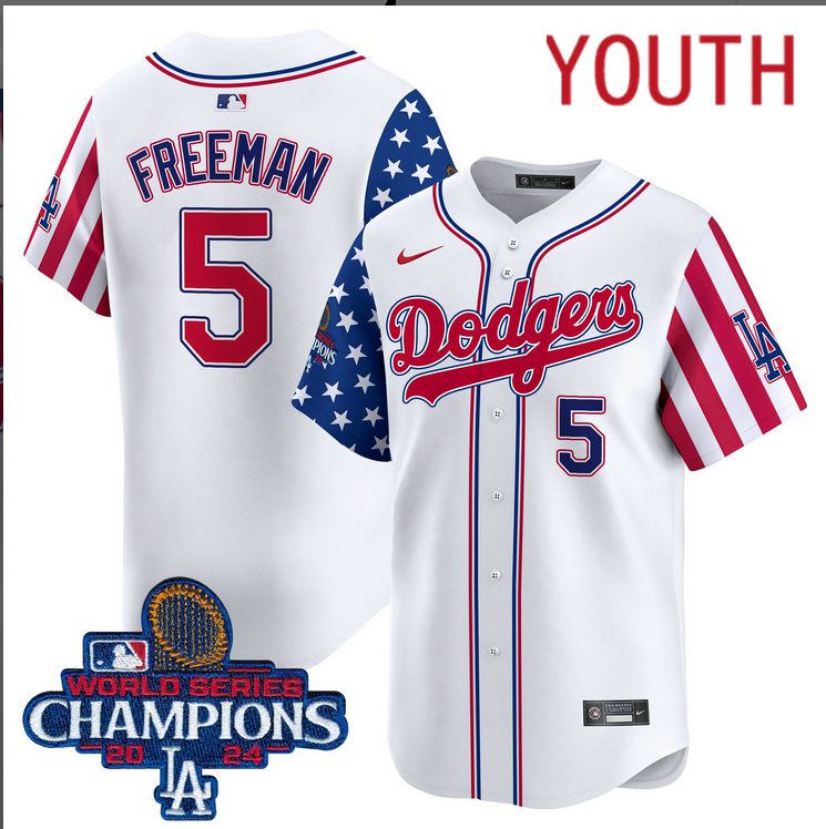 Youth  MLB Los Angeles Dodgers #5 Freeman American Style white 2024 World Series Champions  Limited Jersey->youth mlb jersey->Youth Jersey